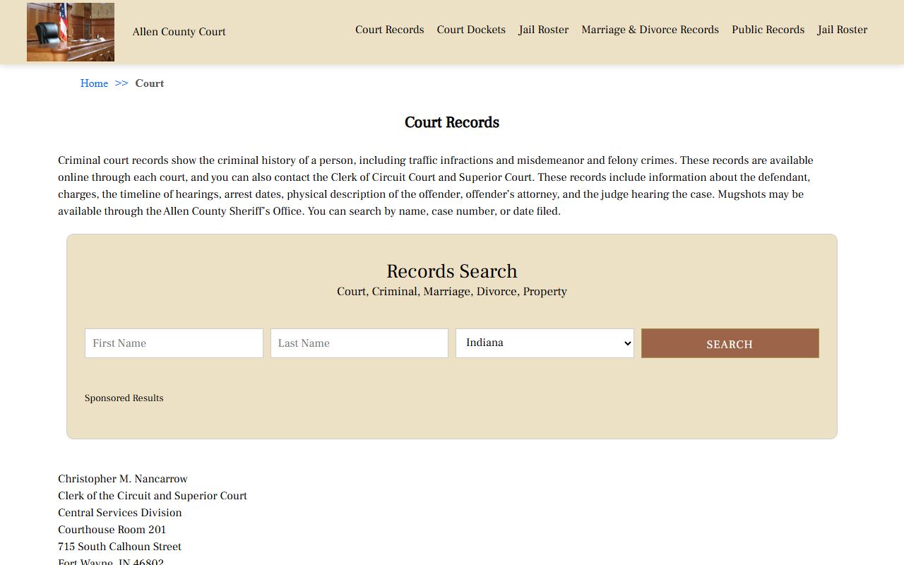 Allen County court records page for busted mugshots and case search
