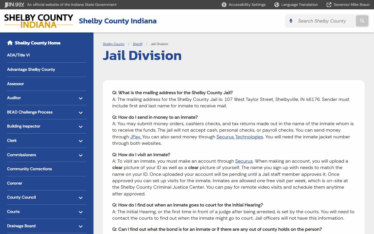 Shelby County jail division page for inmate information and busted mugshots