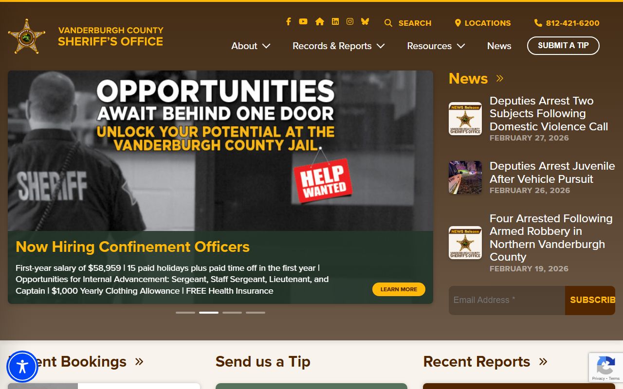 Vanderburgh County Sheriff's Office main website for busted mugshots access