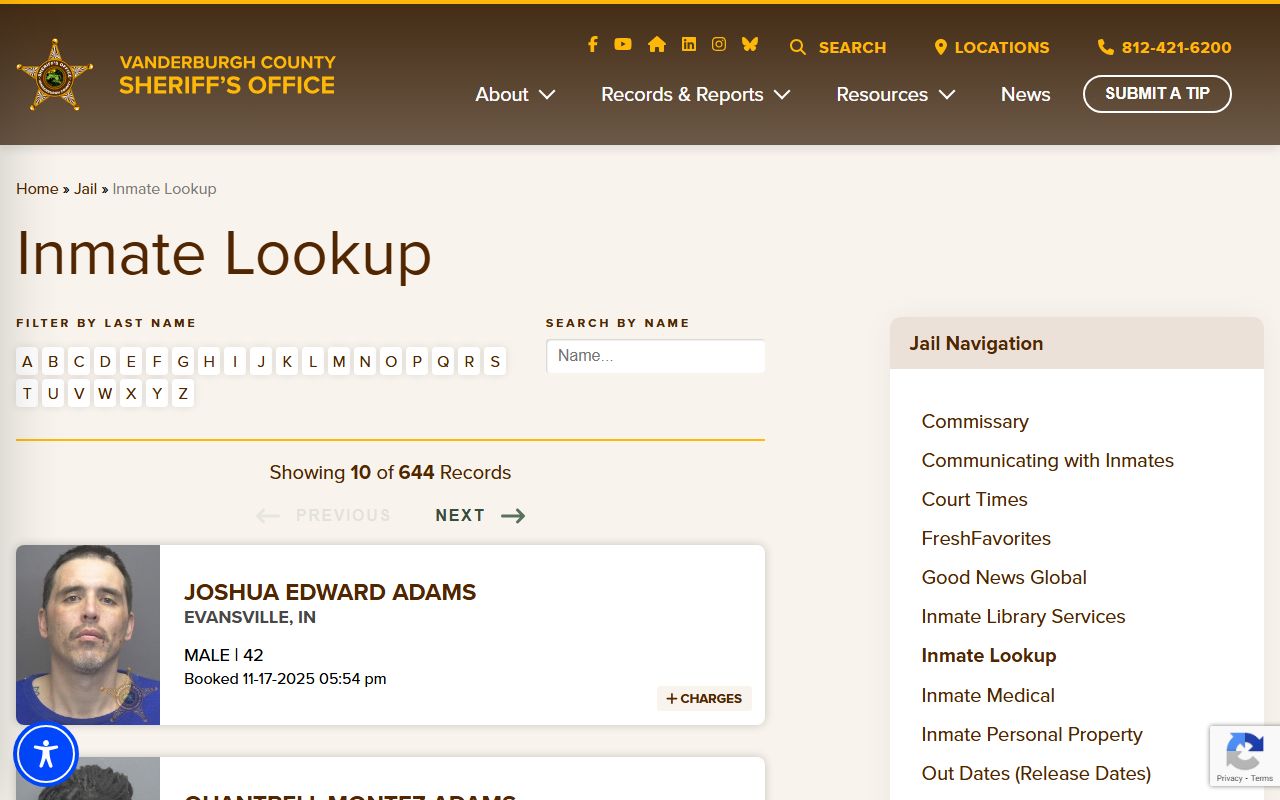 Vanderburgh County inmate lookup tool for busted mugshots search