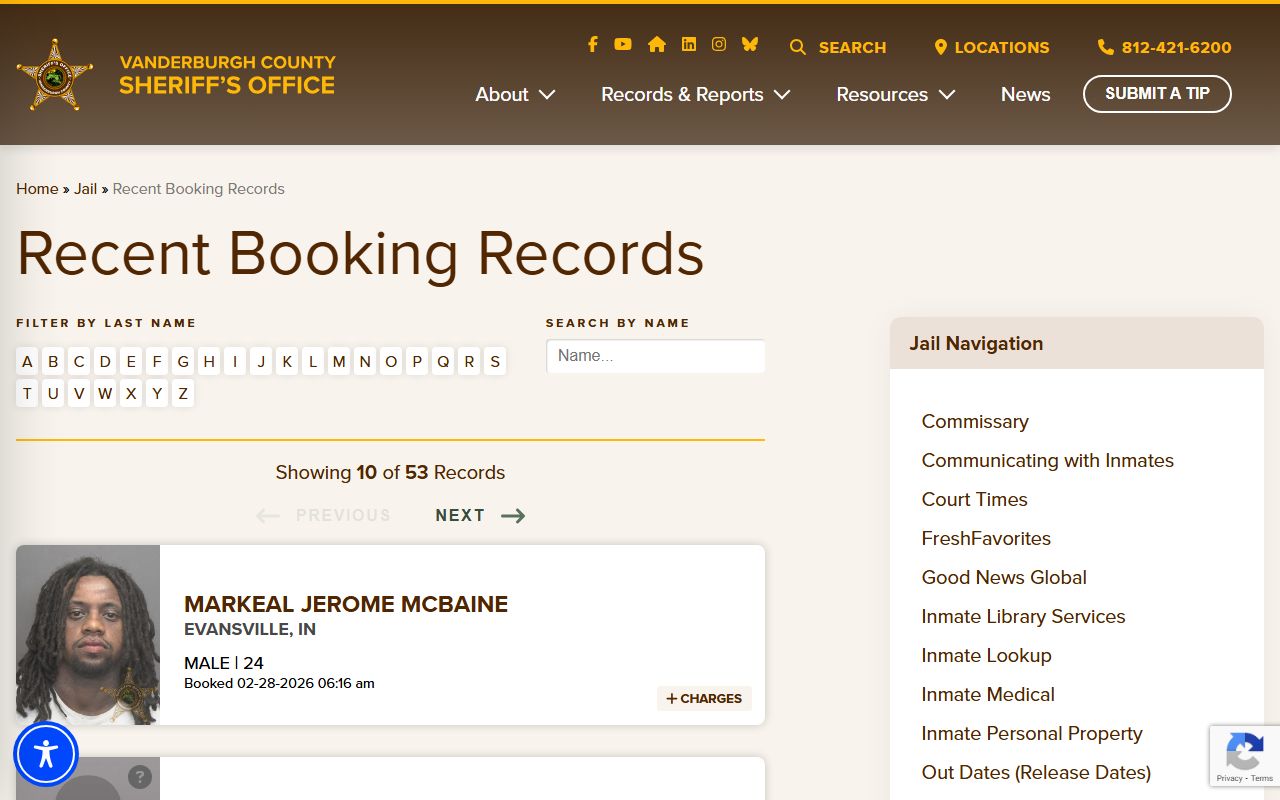 Vanderburgh County recent bookings page showing latest busted mugshots