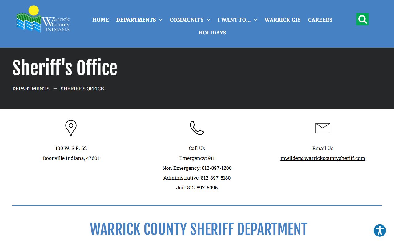 Warrick County government sheriff page for busted mugshots access