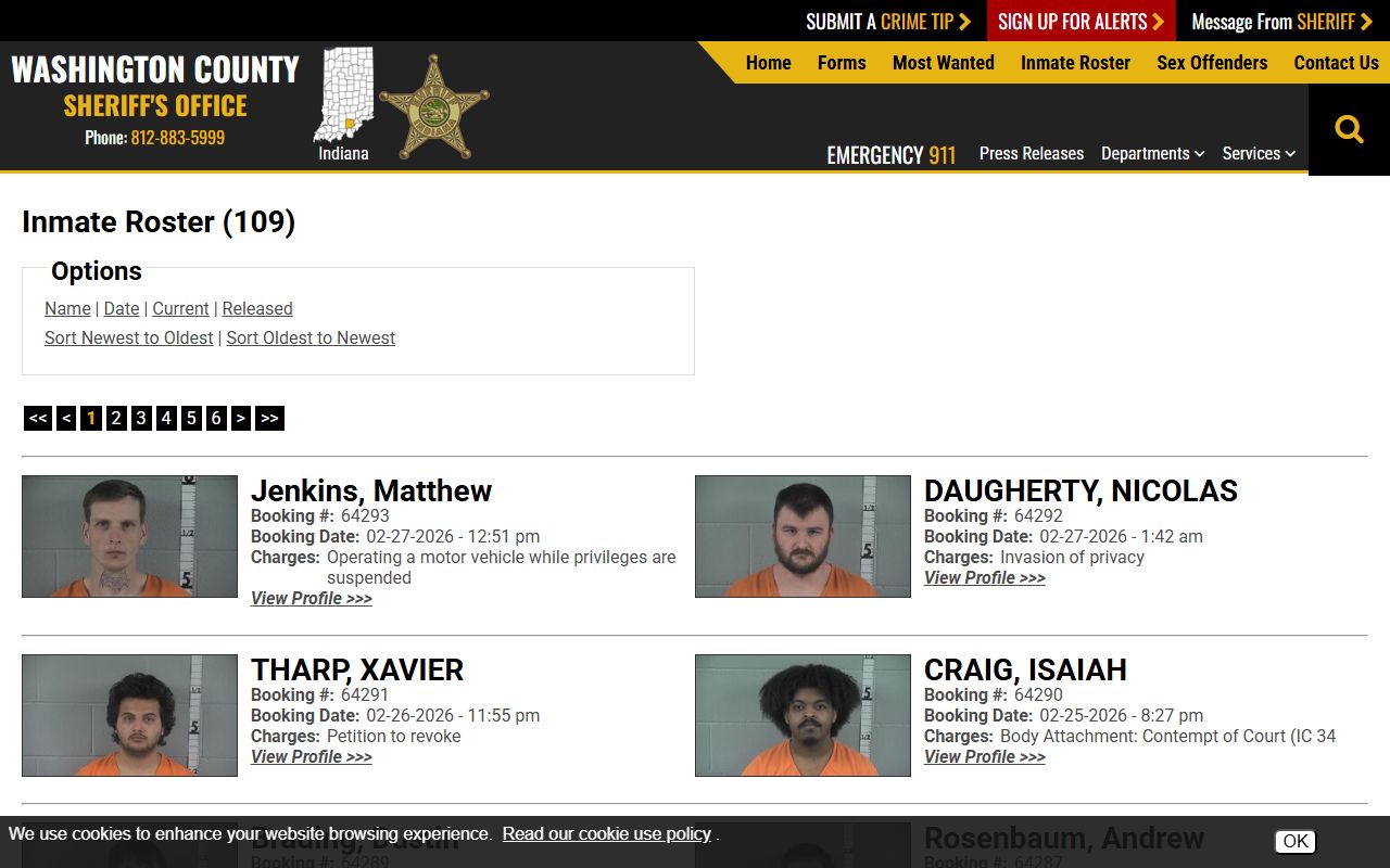 Washington County inmate roster page for busted mugshots