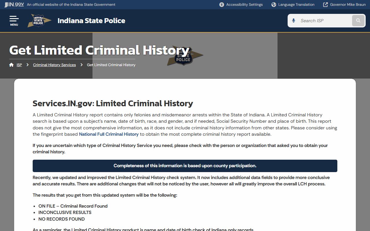 Indiana Limited Criminal History information page for busted mugshots searches