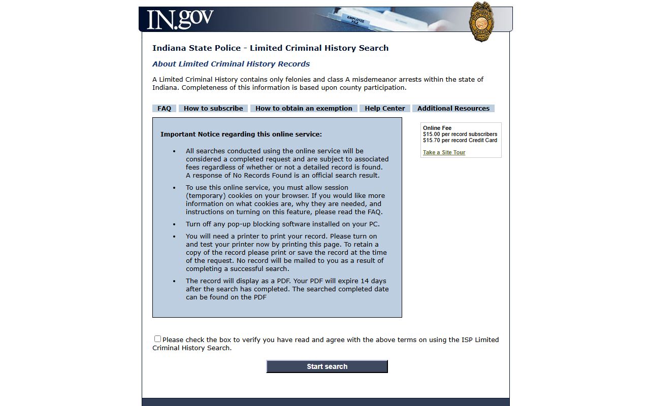 Indiana Limited Criminal History online portal for busted mugshots search