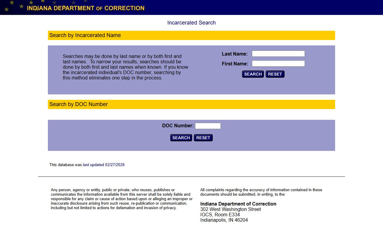 Indiana IDOC incarcerated database search for arrest records